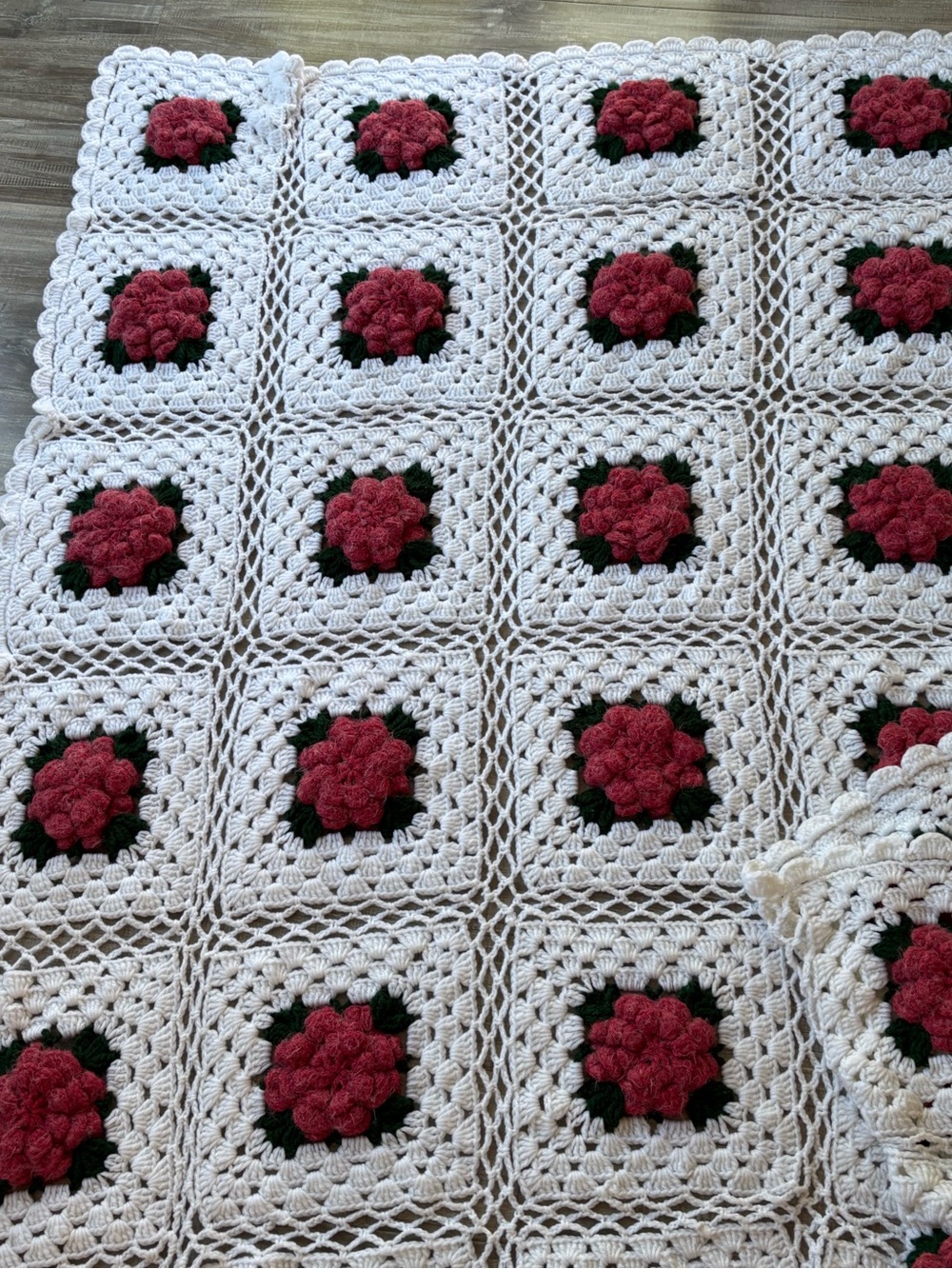 Handmade White Crochet Rose Afghan Blanket with Burgundy Flowers
